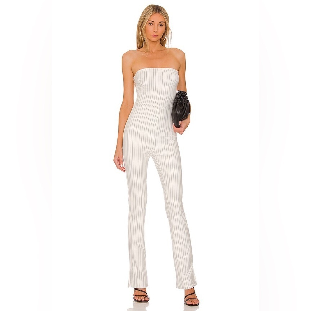 SUPERDOWN Kristina Jumpsuit White Blue Stripe Strapless size Medium